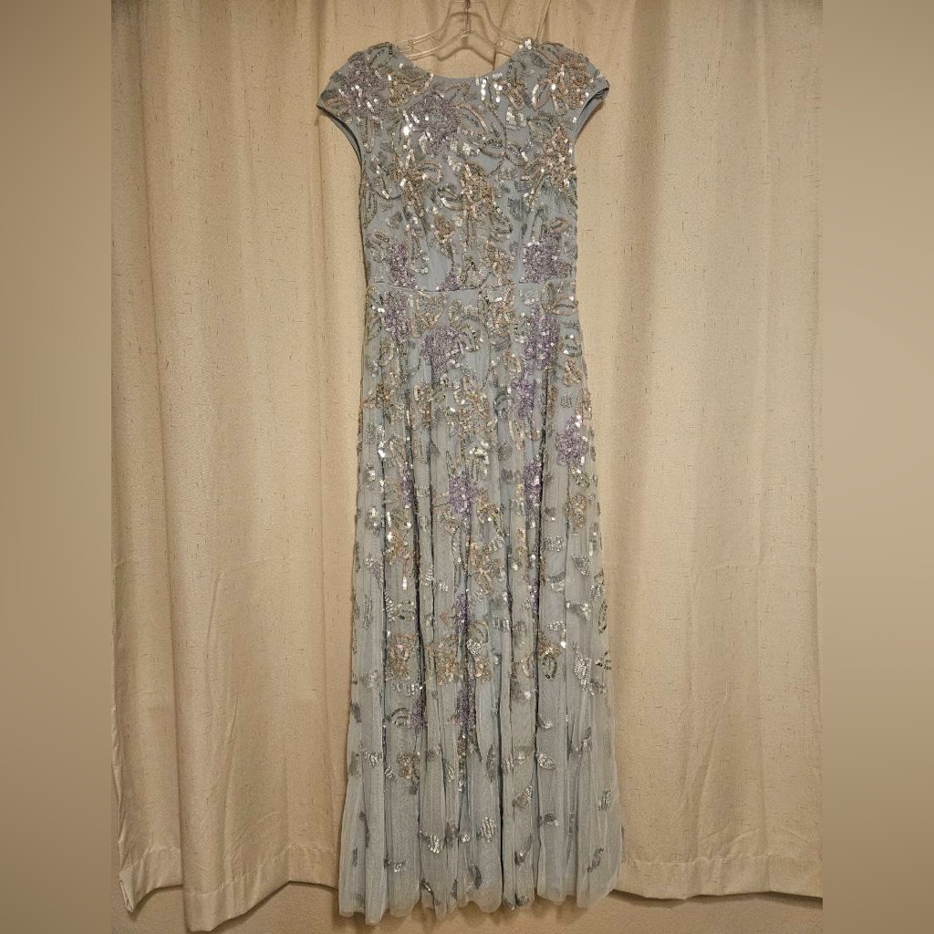 Mac Duggal Light Blue-Beaded Evening Gown With Lavender Floral Accents